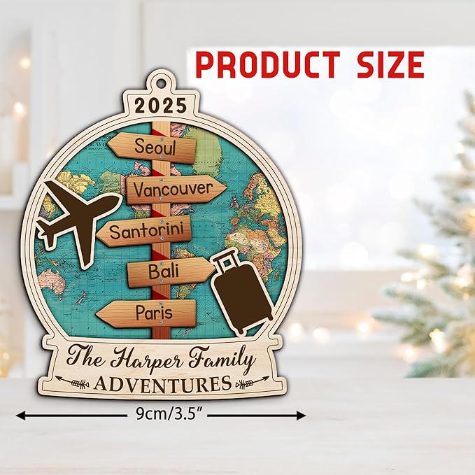 Custom Travel Adventure Ornament, Personalized Travel Adventures Ornament 2025, 2-Layered World Traveler Ornaments, Traveling Destination Christmas Ornaments, Family Travel Gift