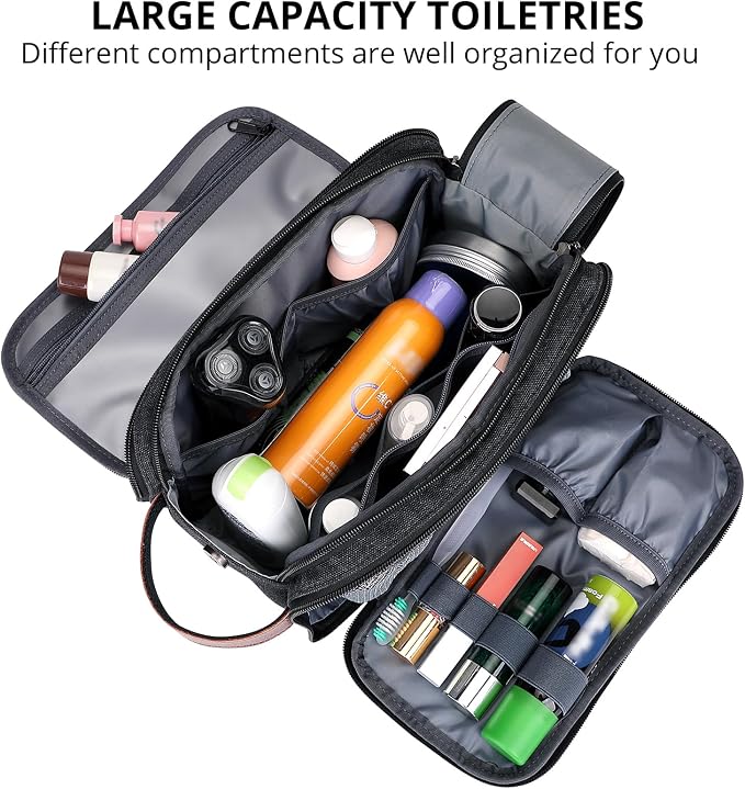 WITZMAN Canvas Toiletry Bag for Men Travel Toiletries Large 7L Dopp Kit | Multi-pockets with Dry-wet Pocket, Side Handle for Hanging, Lightweight, For Daily Use, Bathroom, Make up, A8002 Black - Image 3