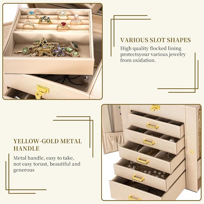 AKOZLIN 6-Tier Jewelry Box Organizer Functional 5 Drawers Leather Jewelry Storage Case for Women Girls Ring Necklace Earring Bracelet Holder Organizer with Mirror Champagne Regular - Image 4