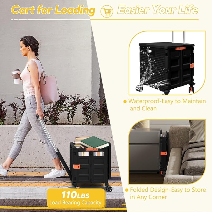 FELICON SELORSS Folding Utility Cart Portable Rolling Crate Handcart-Black | Adjustable Handle+Extended Magnetic Lid,Storage Basket Box,4 Swivel Wheels Tote for Teacher Move Shop Travel Grocery Office - Image 4