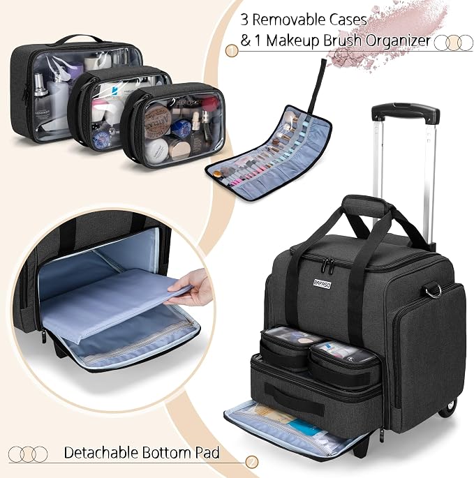 BAFASO Rolling Makeup Case with 3 Removable Pouches and 1 Makeup Brush Bag, Professional Makeup Train Case Cosmetic Bag with Detachable Dolly (Patented), Black | with1 Makeup Brush Bag, Professional Makeup Train Case Cosmetic Bag with Detachable Dolly,... - Image 3