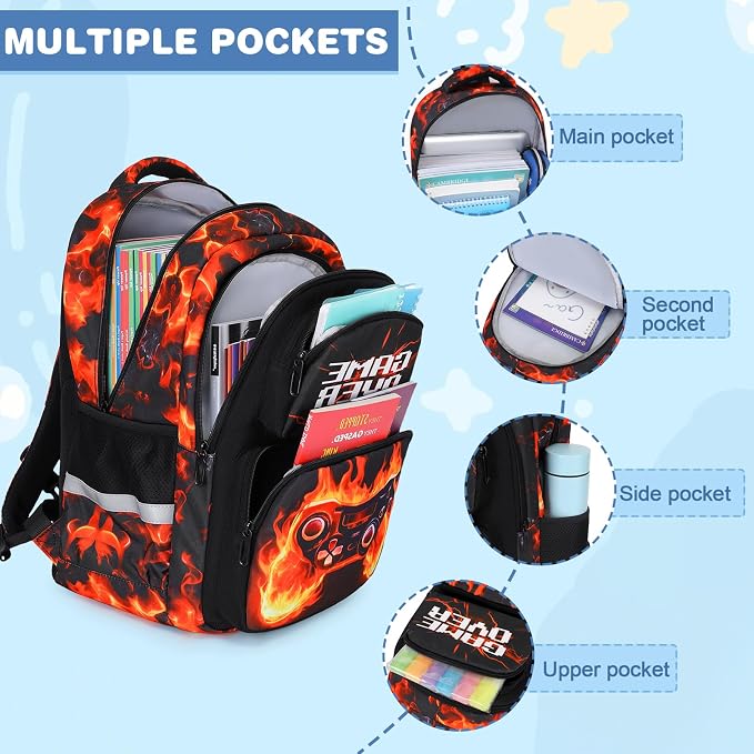 Bevalsa Kids Backpack for Boys with 14oz Insulated Bottle, Gamer Backpack School Bags for Kids & BPA-FREE Stainless Steel Metal Bottle for Elementary Middle School Student (Orange Flame) - Image 3