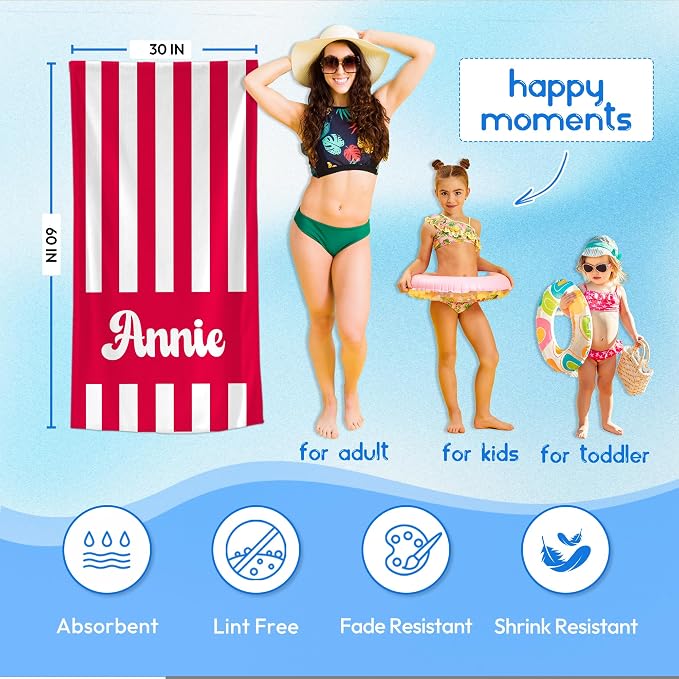 JML Personalized Beach Towel with Name, Custom Cabana Stripe Beach Towel, Customized Microfiber Pool Towel, Quick Dry & Absorbent Swim Towel for Adult,Mother's Day, Birthday, Summer Holiday,Vacation - Image 3