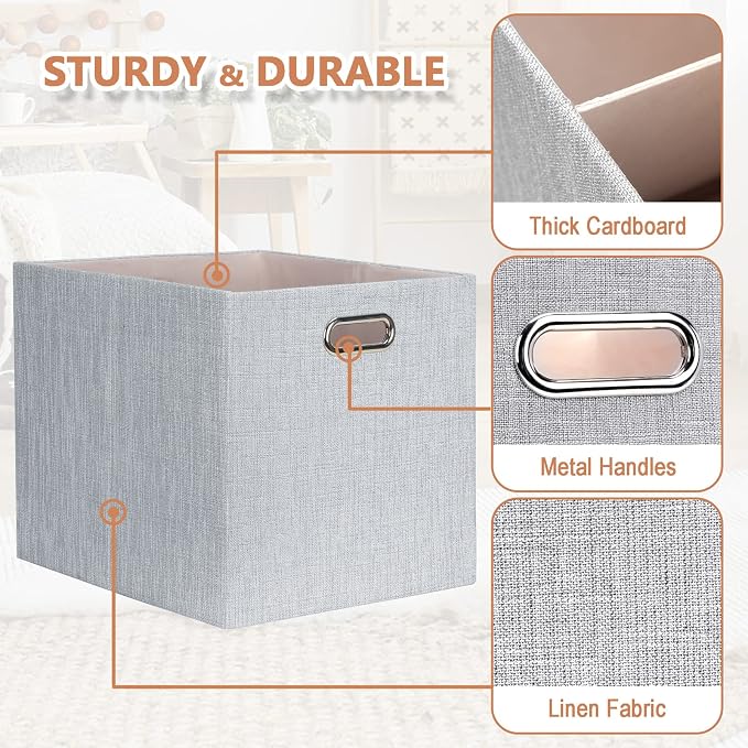 Posprica 13x15x13in Collapsible Storage Bins, Fabric Foldable Cube Storage Boxes, Decorative Storage Baskets Organizer for IKEA Kallax, Shelves, Closet, Clothes, Set of 4-Grey - Image 5