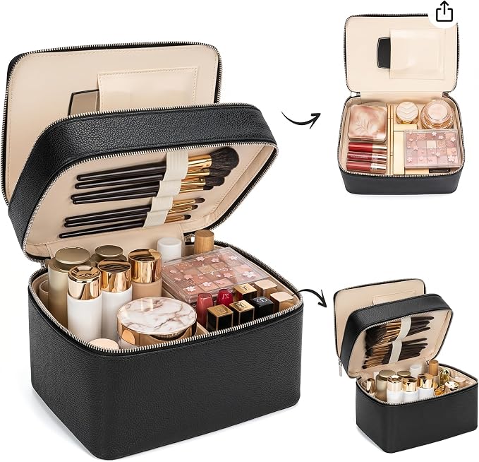 BAGOK Double Layer Makeup Vanity Case, Large Capacity Cosmetic Bag with Removable Divider & Brush Organizer, Travel Toiletry Bag for Women, Portable PU Leather Organizer with Handle - Image 6