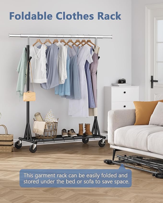 Hoctieon 1-Minute Assembly Clothes Rack, 480 lbs Heavy Duty Rolling Clothing Racks with Wheels, Foldable Garment Rack, Extendable Hanging Bar, Adjustable Metal Pole with Hooks, Black - Image 2