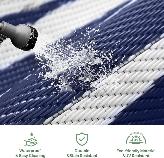 GENIMO Outdoor Rug Waterproof for Patio Decor, 9'x12' Foldable Reversible Plastic Straw Carpet for Travel Trailers, Outside Area Mat for Rv, Deck, Picnic, Porch, Camper, Balcony, Beach, Blue & White | Outside Larger Modern Carpet Mat for Porch Decor, D... - Image 5