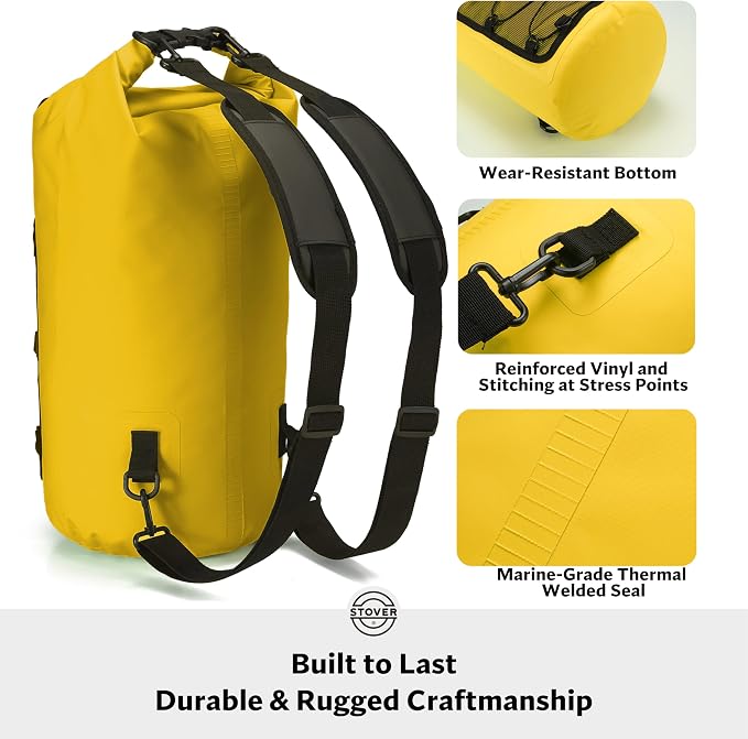 STOVER 5/10/25/30/40L Waterproof Dry Backpack & Phone Case- Large Floating Dry Bag for Kayaking, Travel, Hiking, Fishing, Camping, Motorcycles & Beach, Heavy-Duty Roll Top Men/Women (Yellow) - Image 4