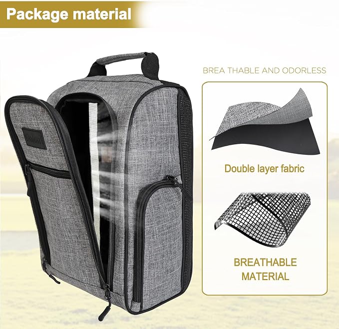 Goloni 2Pcs Golf Shoe Bag for Men & Women, Padded Travel Shoe Bag with Side Accessory Pockets,Sport Shoe Carrier for Golf Shoes,Socks,Tees & Balls,Durable & Lightweight Design(Black+Gray) - Image 3