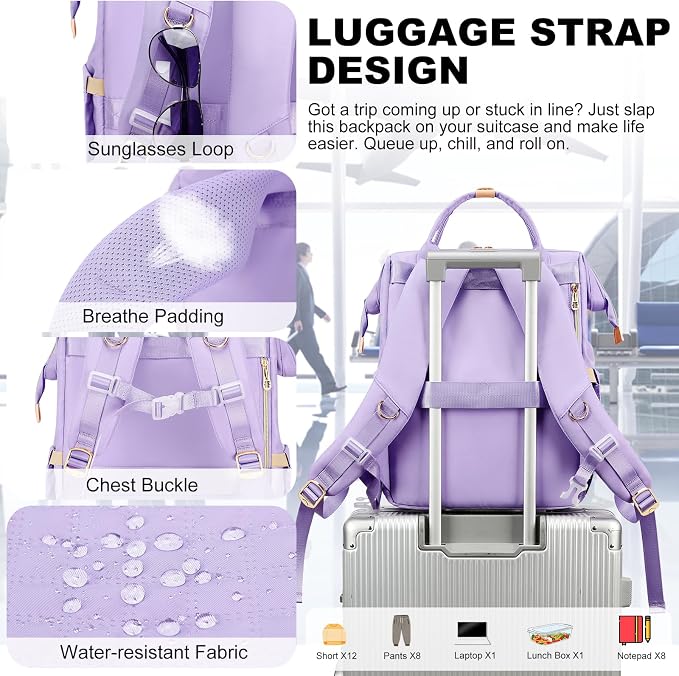 AIJIEKE Lunch Backpack for Women, 15.6 Laptop Backpack, Lunch Box, Purple | Water resistant computer bag with insulated leakproof cooler. Travel meal prep backpack for nurse, teacher, college commute - Image 4