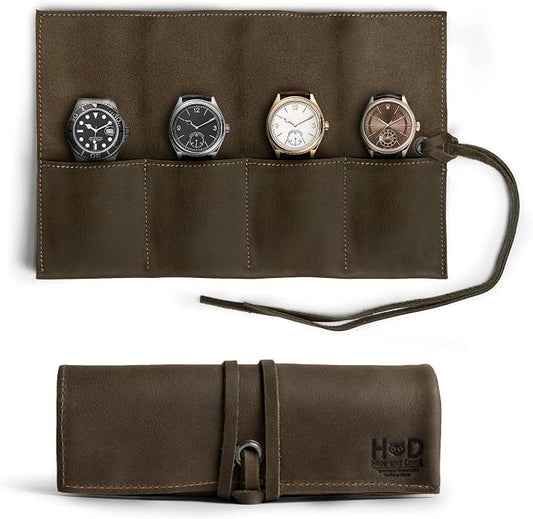 Hide & Drink, Leather Watch Roll Organizer Handmade from Full Grain Leather, Holds Up to 4 Watches, Easy Carry On Watchlover Storage (Dark Jade) by HideDrink
