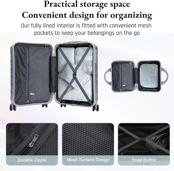 2-Piece ABS Hard Shell Lightweight Carry-On Luggage Set (14" & 20"), 360-Degree Spinner Wheels, Adjustable Telescopic Handle and Combination Lock for Travel, Silver - Image 5
