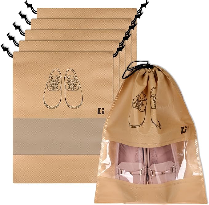 Kuber Industries Pack of 6 Shoe Bags | Shoe Bags for Travel | Non-Woven Shoe Storage Bags | Storage Organizers Set | Shoe Cover with Transparent Window | Shoe Dori Cover | Beige by Kuber+Industries
