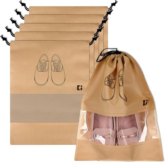 Kuber Industries Pack of 6 Shoe Bags | Shoe Bags for Travel | Non-Woven Shoe Storage Bags | Storage Organizers Set | Shoe Cover with Transparent Window | Shoe Dori Cover | Beige by Kuber+Industries