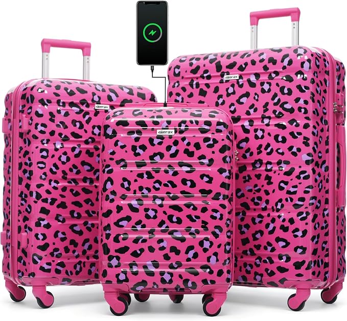Hardside Luggage Sets, Lightweight Stripes Suitcase with Spinner Wheels, Fuchsia Leopard Print by Merax