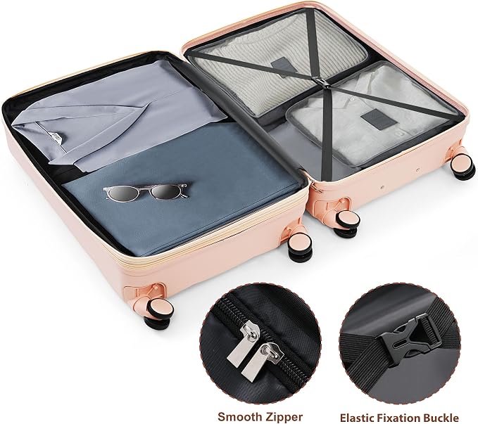 Hardside Luggage Sets, Lightweight Stripes Suitcase with Spinner Wheels, Pink Pink - Image 3