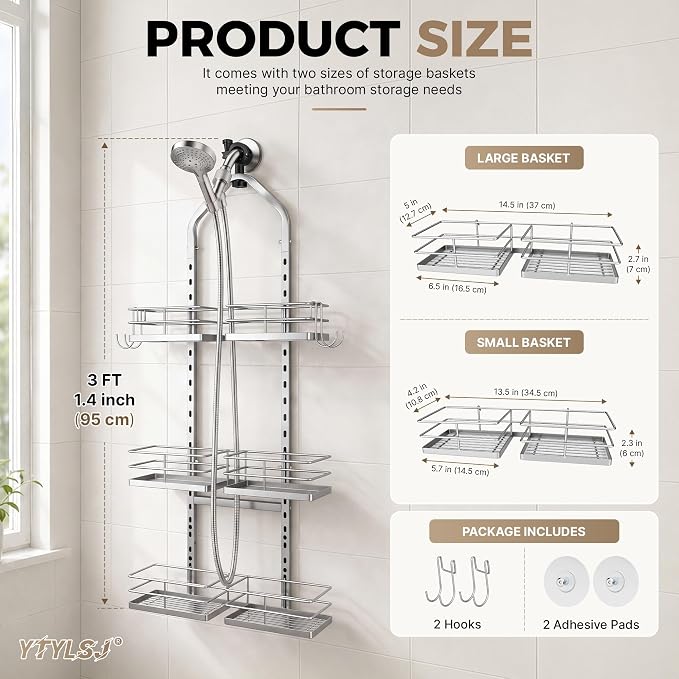 3-Tier Hanging Shower Caddy, Stainless Steel with Dual Clamp, Silver | Heavy-duty stainless steel, adjustable shelves for large families, Rustproof, tool-free install, Fits handheld showerheads - Image 2