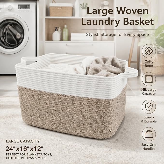 96L XXXLarge Woven Laundry Basket with Sturdy Handles - White/Brown | 24x16x15 Foldable Rectangular Blanket Basket for Toys, Clothes & Pillows,Ideal for Nursery, Bathroom, Bedroom, Living Room - Image 5