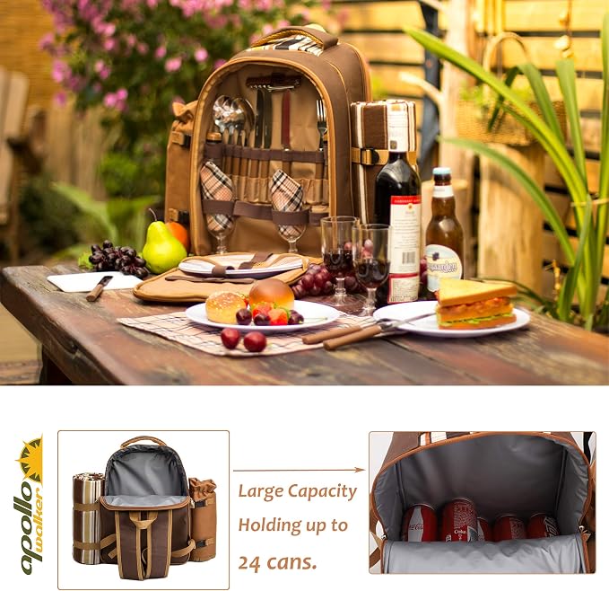 Apollo Walker Picnic Backpack Bag for 4 Person with Cooler Compartment,Wine Bag, Picnic Blanket(45"x53"),Best for Family and Lovers Gifts (Brown) - Image 5