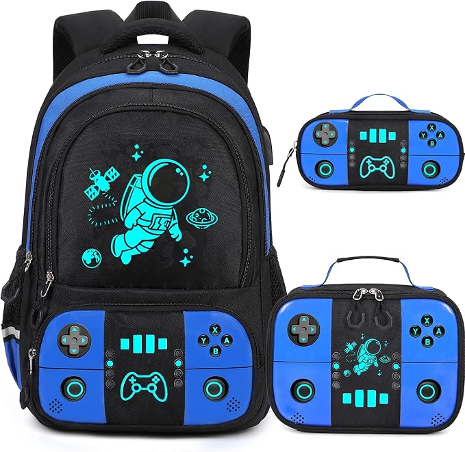 Bevalsa Backpack for School Boys, Cool Luminous Gamer Boys Schoolbag with Lunch Box & Pencil Case Set for Kids Teens Elementary Middle School, Bookbag Glow In The Dark(Blue Astronaut Backpack) by Bevalsa