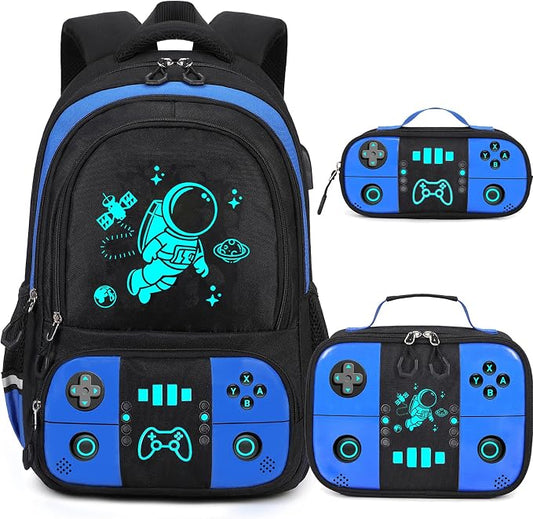 Bevalsa Backpack for School Boys, Cool Luminous Gamer Boys Schoolbag with Lunch Box & Pencil Case Set for Kids Teens Elementary Middle School, Bookbag Glow In The Dark(Blue Astronaut Backpack) by Bevalsa