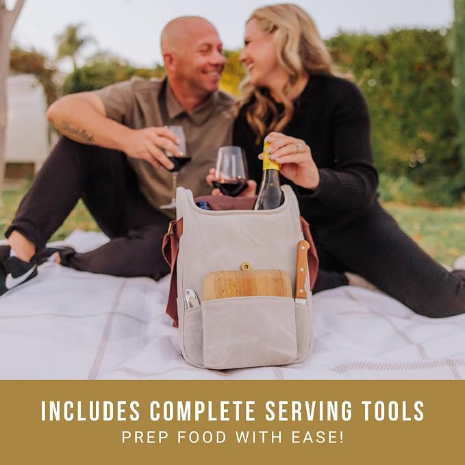Picnic TIME 2 Bottle Insulated Wine Bag with Cheese Board and Knife Set, Wine Picnic Bag, Natural Waxed Canvas Wine Tote, (White) - Image 2