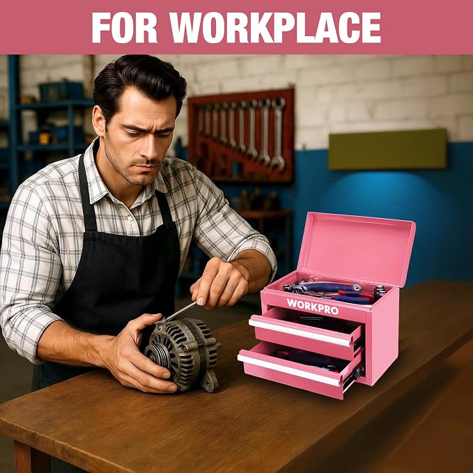 WORKPRO Metal Mini Tool Box with 2 Drawers and Top Storage | Cold Rolled Steel Toolbox, Ball Bearing Slides, PVC Drawer Liners, PP Feet Pads, Durable Storage - Image 6