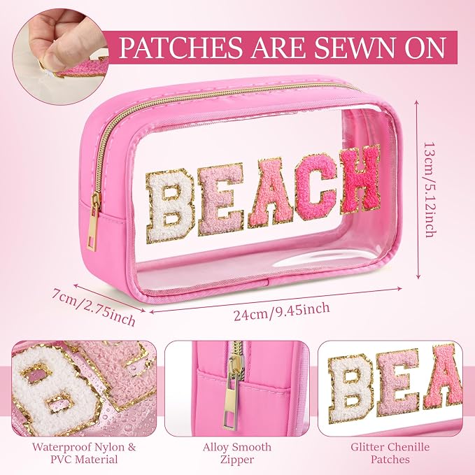Kacctyen 10 Pcs Beach Clear Makeup Bags with Zipper in 5 Assorted Colors, Chenille Letter Sunscreen Bags Bulk, Waterproof Clear Toiletry Bag for Women Beach Pool Trip & Summer Birthday Party Favors - Image 2