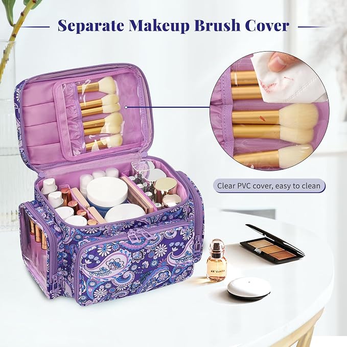 Bagmoly Large Makeup Bag, Portable Travel Makeup Bag Organizer for Women Girls with Makeup Brush Compartment & Two Side Pockets, Cosmetic Travel Bag Vertical Storage Toiletry - Purple - Image 3