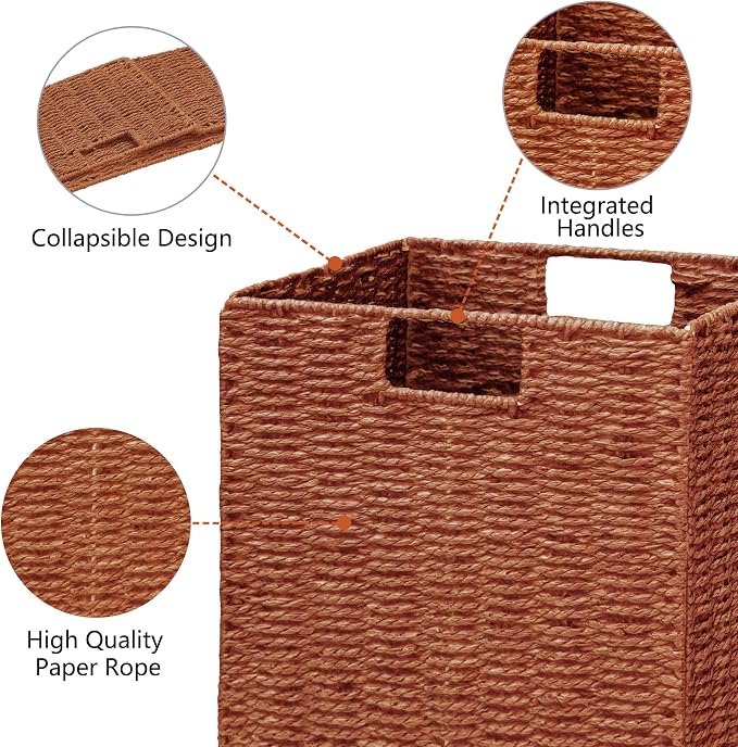 Vagusicc Wicker Storage Basket, Set of 2 Hand-Woven Paper Rope Wicker Basket, Foldable Cube Storage Bins, Square Large Storage Baskets for Organizing Shelves & Decor, Orange (13″×13″×13″) - Image 2