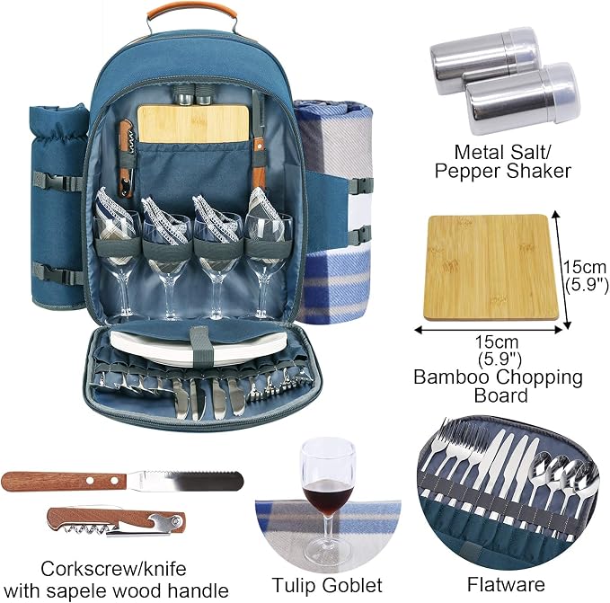 Sunflora Picnic Backpack for 4 Person Set Pack with Insulated Waterproof Pouch for Family Outdoor Camping(Light Blue) - Image 3