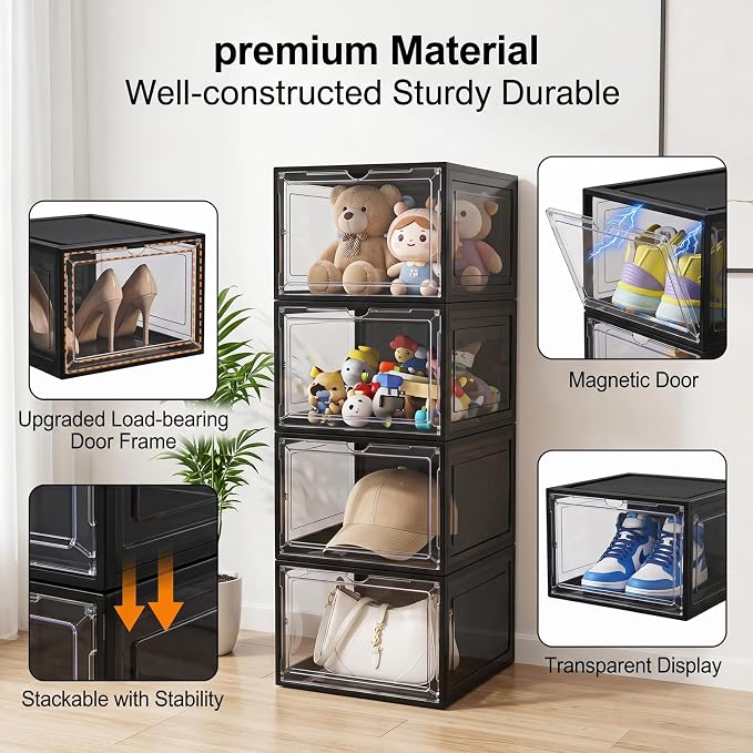 Large Black Shoe Storage Boxes Stackable, 12 Pack Hard Plastic Shoe Storage Organizer with Magnetic Door, Shoe Container Sneaker Storage Display Case Fit up to US Size 12 Black - Image 4