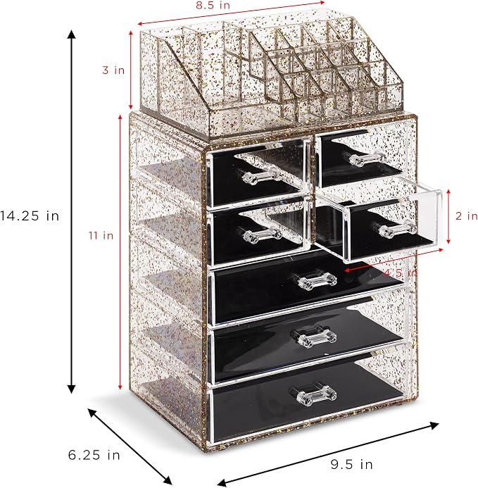 Sorbus Acrylic Makeup Organizer Set, 7-Drawer Vanity & Countertop Cosmetic Storage with Small & Wide Compartments, Glitter Makeup Storage for Brushes, Jewelry – Holiday Gift for Women & Teens - Image 3
