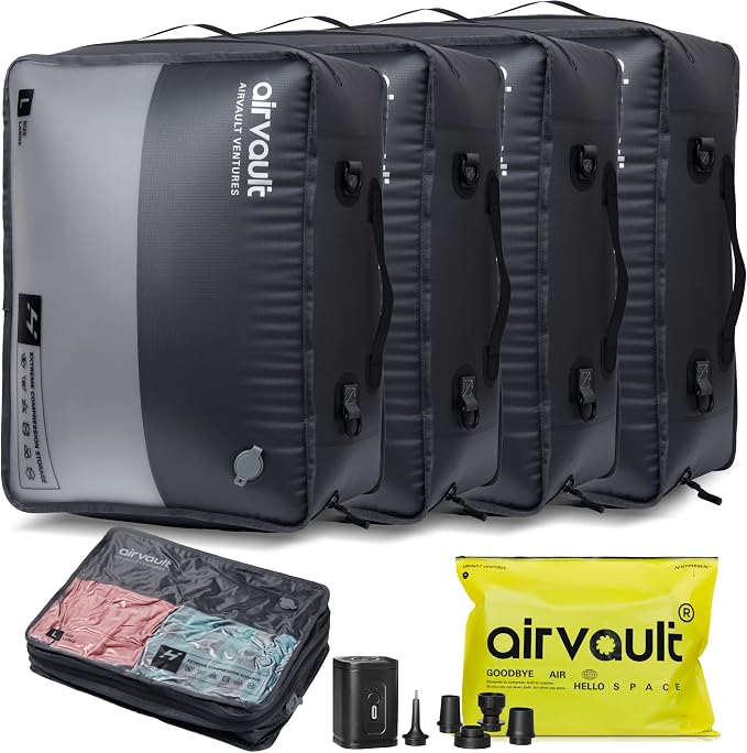 AirVault Reusable Vacuum Compression Travel Bag for Carry-On Suitcase and Backpack, Recycled IPX8 Waterproof Space Saver Vacpack (41L (4-Pack)) by AirVault