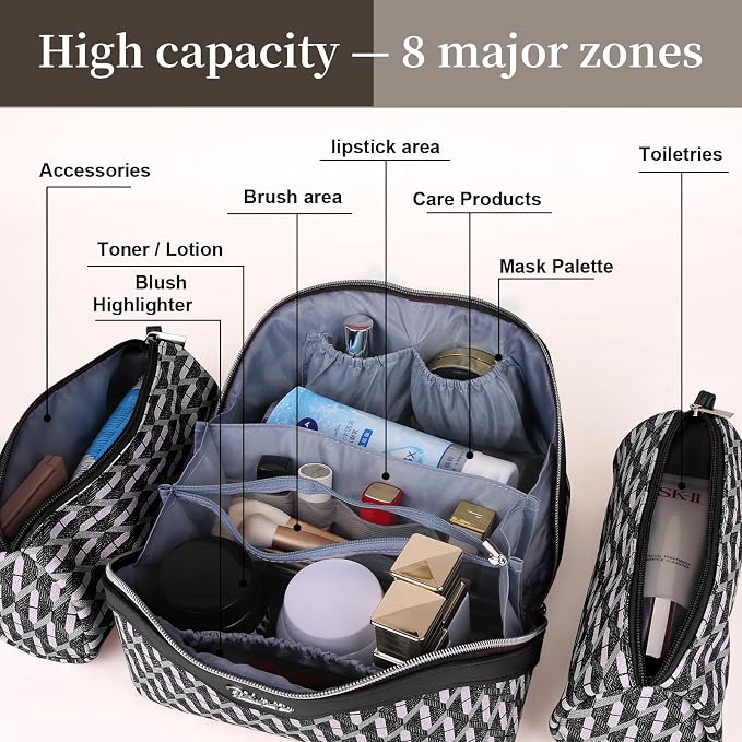 BOYATU Travel Makeup Bags for Women: Large Capacity Cosmetic Bag Set of 3 - Vegan Leather Make up Bags with Compartments - Wide Open Waterproof Toiletry Organizer Bag with Handle (P-04-Black) - Image 3