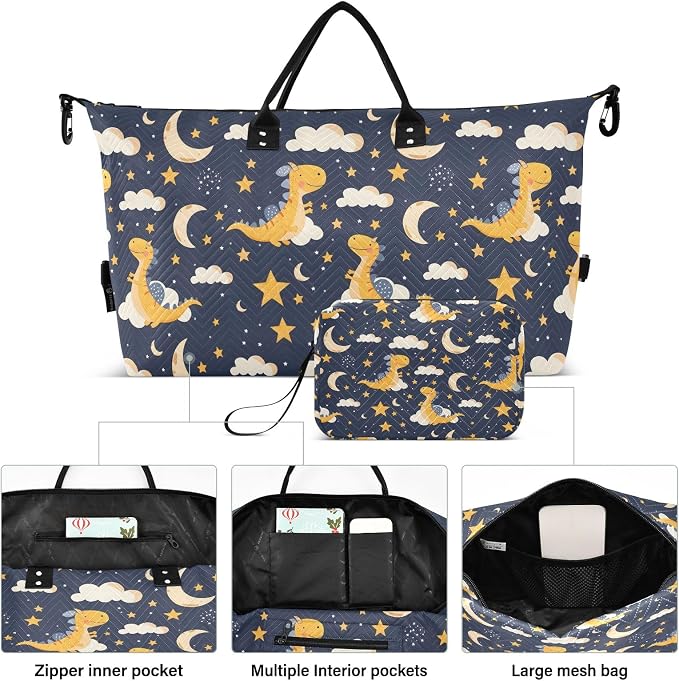 Weekender Bags Travel Duffel Gym Bag Dinosaur Stars Moon Carry on Overnight Tote Bag with Toiletry Bag for Airplane Travel Trip Gym Yoga - Image 2