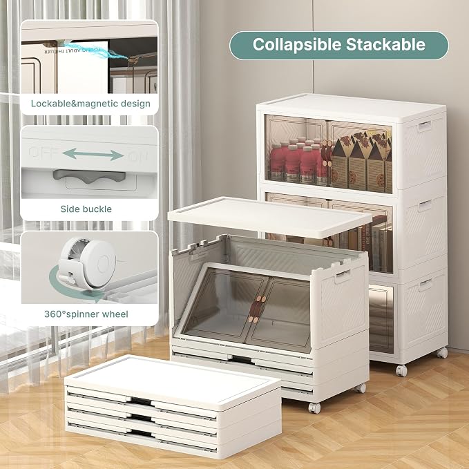 UAMFURI 336QT Lockable Storage Bins with Lids - Stackable Storage Cabinet with Doors and Wheels, Collapsible Plastic Organizer and Containers for Bedroom Dorm Office Garage, 3 Pack Cubes | Stackable Organizer with Doors & Wheels, Foldable Containers fo... - Image 3