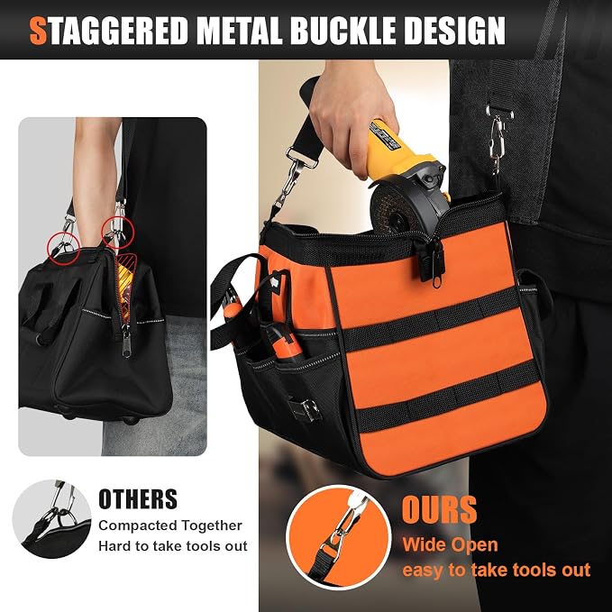UUP 18" Large Tool Bag, Heavy Duty Spacious Tool Box Organizer, Orange | 16 Pockets & MOLLE. Detachable Strap & Handle. Non-slip Base, Metal Buckle. 30lb Holds Drill/Tool on Truck, Garage, Men Gift. - Image 6
