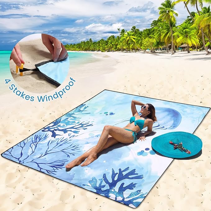 HIHOHO Beach Blanket Waterproof Sandproof Beach Mat for 1-8 Adults Quick Drying Durable Outdoor Picnic Mat for Beach Festival Travel Camping Hiking (Jellyfish, 79"×83"(4 Person)) - Image 4