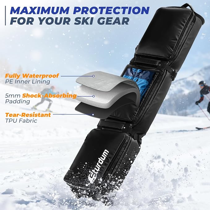 Ski Bag with Wheels, Rolling Snowboard Bag for Air Travel, Extendable 155-185CM Wheeled Ski Bag All-Round Padded Protection, for Snowboard, Double Skis, Boots, Helmet, Ski Gear - Image 2