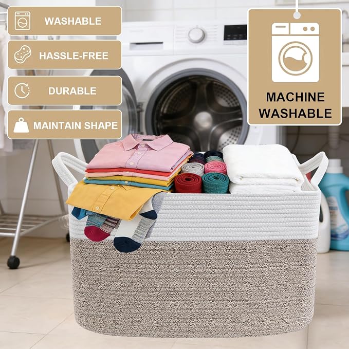 65L Collapsible Woven Rope Laundry Basket with Handles-White/Brown | 21x16x12 Foldable Rectangular Blanket Basket for Toys, Clothes & Pillows,Ideal for Nursery, Bathroom, Bedroom, Living Room - Image 7