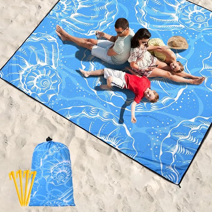 HIHOHO Beach Blanket Waterproof Sandproof Beach Mat 79”x 83” for 1-8 Adults Quick Drying Durable Outdoor Picnic Mat for Beach Festival Travel Camping Hiking (Conch Shell-BL, 79"×83"(4 Person)) - Image 6