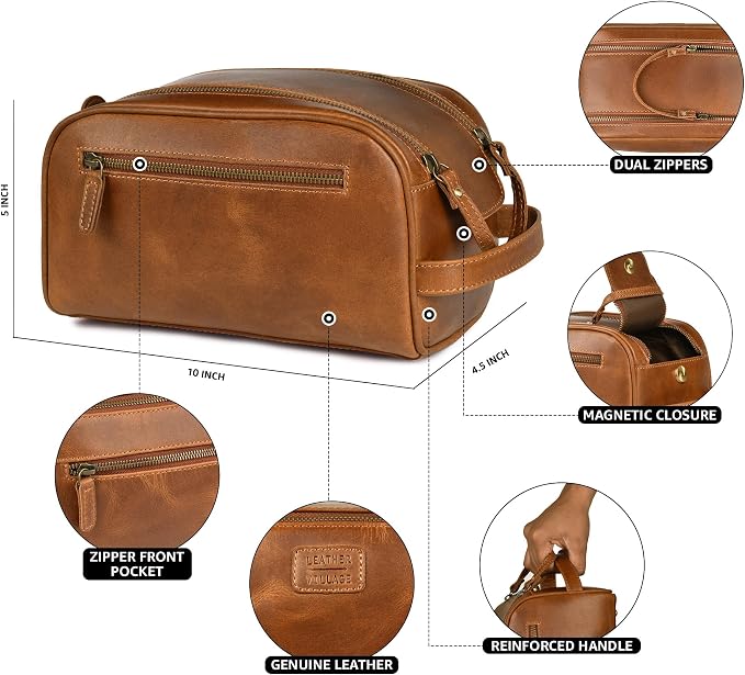 LEATHER VILLAGE Genuine Leather Toiletry Travel Bag With Waterproof Lining - Sun Tan | King-Size Handcrafted Vintage Dopp Kit Bag, Shaving & Bathroom Organizer, Gift for Men & Women - Image 3