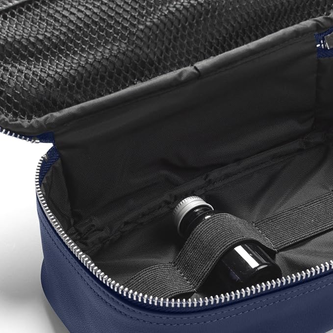Leatherology Navy Blue Medium Leather Travel Organizer – Toiletry & Tech Case with Zipped Mesh Pocket, Elastic Loops & Water-Resistant Lining – Durable Storage for Everyday Travel - Image 2