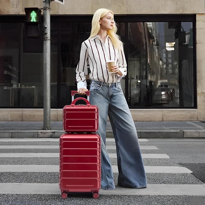Gradient Color Suitcase 2-Piece Set, 20" Rotating Wheel Suitcase with 14" Cosmetic Case, Lightweight Durable Hardshell Luggage with 360° Spinner Wheels for Travel, Women & Girls (Wine Red) - Image 8