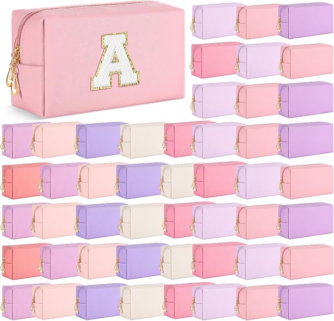 50 Pcs Makeup Bag Bulk PU Leather DIY Cosmetic Plain Preppy Makeup Pouch Portable Waterproof Toiletry Bags for Women Travel Pencil Case Cosmetic Organizer (Pink Purple) by Cunno