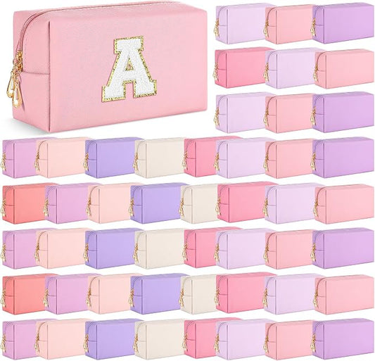50 Pcs Makeup Bag Bulk PU Leather DIY Cosmetic Plain Preppy Makeup Pouch Portable Waterproof Toiletry Bags for Women Travel Pencil Case Cosmetic Organizer (Pink Purple) by Cunno