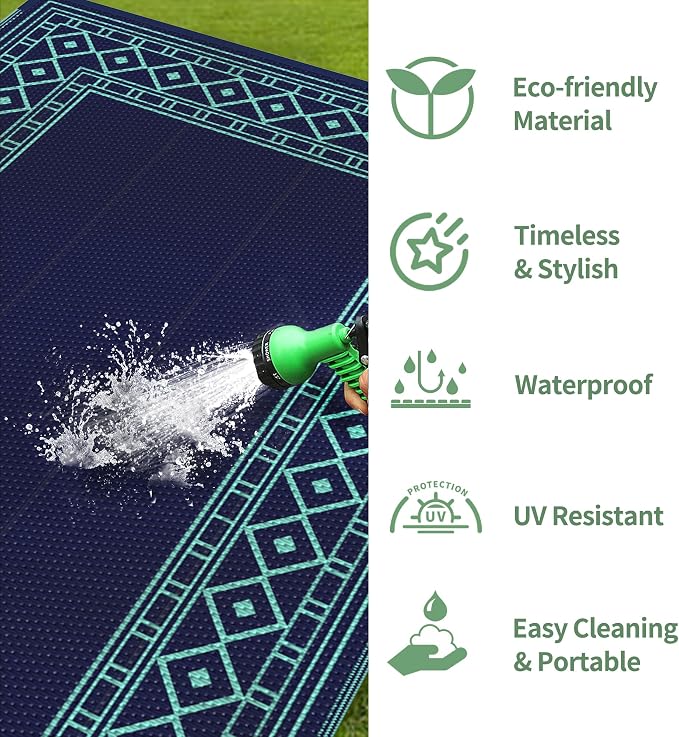 GENIMO Outdoor Rug, Waterproof Plastic Rugs for Patio, 5'x8' Blue Green | Outside Larger Modern Carpet Mat for Porch Decor, Deck, Balcony, Camping, RV, Backyard, Picnic, Beach, Reversible - Image 7