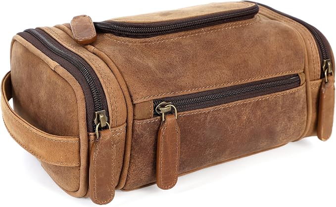 ELIZO Real Leather Toiletry Bag for Men - Small Hanging Travel Organizer for Toiletries, Ideal for Dopp Kit & Shaving Kit for Men, Essential Mens Travel Toiletry Bag for Toiletries (Saddle) by Elizo