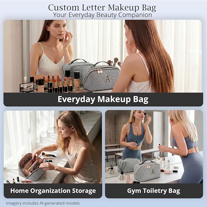 Personalized Gift Travel Makeup Bag: Initial Makeup Organizer Bag for Women | 3-in-1 Custom Make up Bag Set - Vegan Leather Travel Cosmetic Bag - Luxury Gift for Women – Birthday, Anniversary, Graduation - Image 9